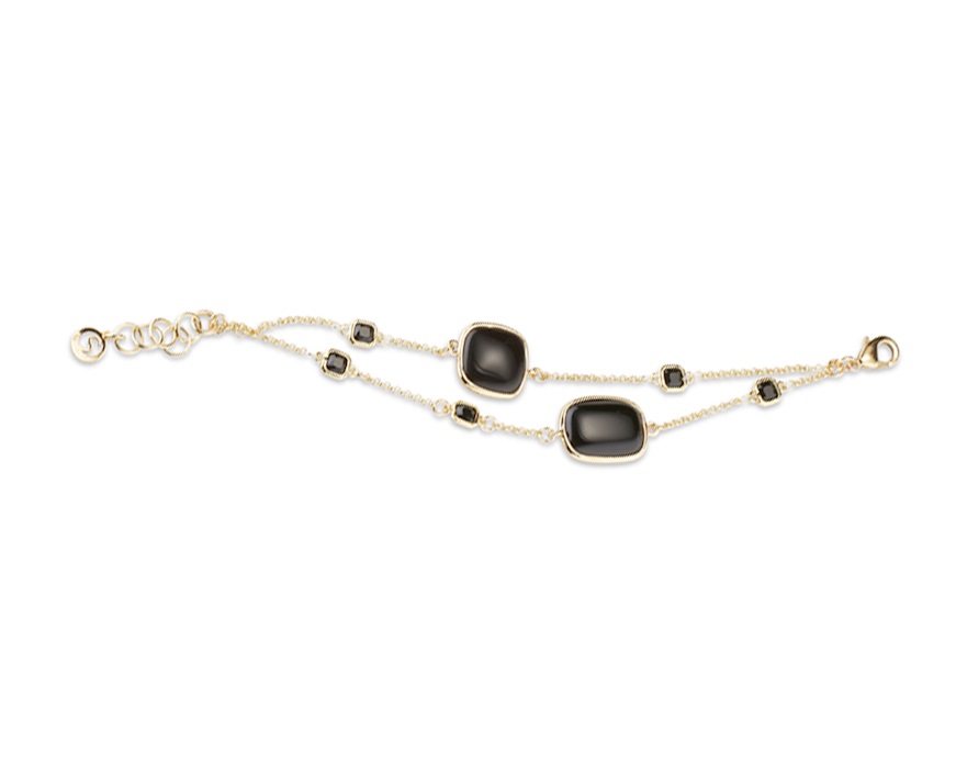 Bracciale Yvette ottone finitura oro con cristalli neri e occhio di gatto nero Sovrani