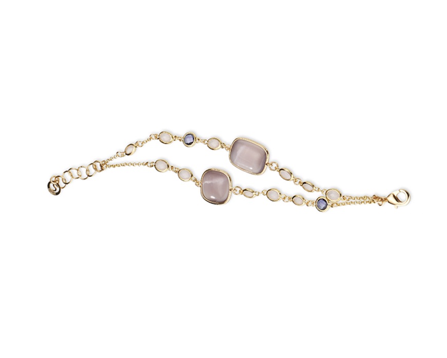 Bracciale Sylvie ottone finitura oro con occhio di gatto cipria, cristalli rosa e ametista Sovrani