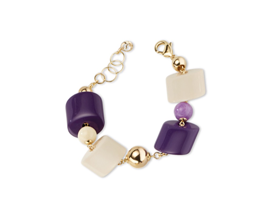 Bracciale ottone finitura oro con resine viola/panna giada kunzite e bambù Sovrani