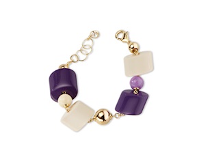 Bracciale ottone finitura oro con resine viola/panna giada kunzite e bambù Sovrani