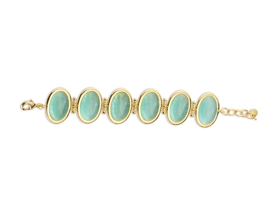 Bracciale ottone finitura oro con occhio di gatto verde acqua Sovrani