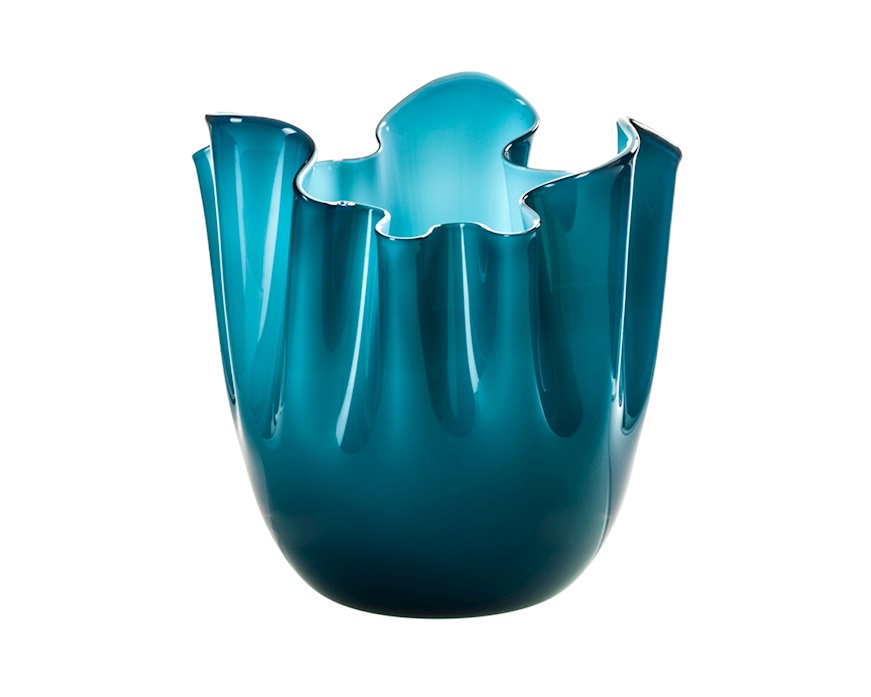 Vaso Fazzoletto vetro di Murano bicolore orizzonte interno acquamare Venini
