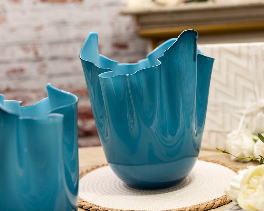 Vase Fazzoletto Murano glass opalino horizon and aquamarine Venini