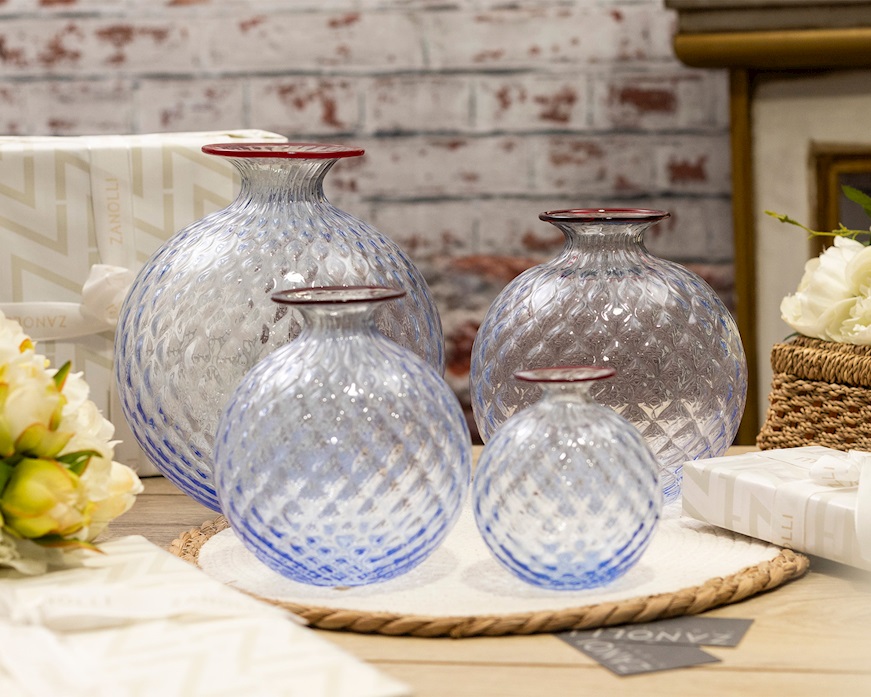 Vaso Monofiore Balloton vetro di Murano iceberg con filo rosso Venini