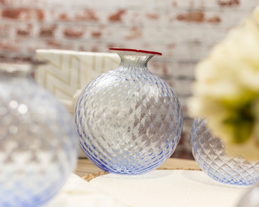 Vaso Monofiore Balloton vetro di Murano iceberg con filo rosso Venini