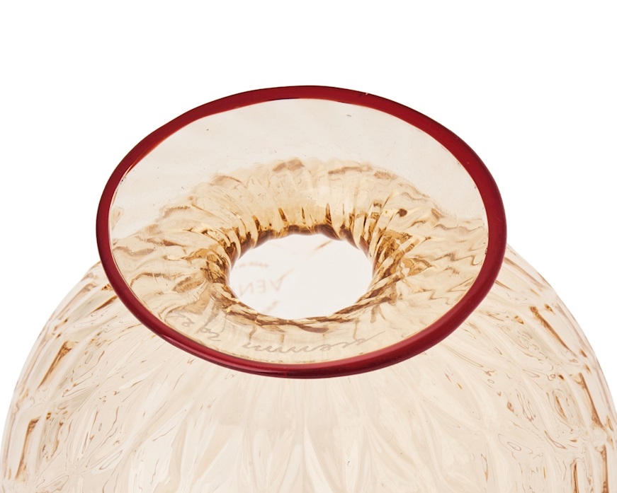 Vase Monofiore Balloton Murano glass peach with red ring Venini