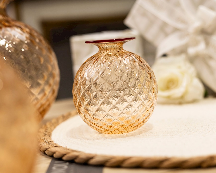 Vase Monofiore Balloton Murano glass peach with red ring Venini