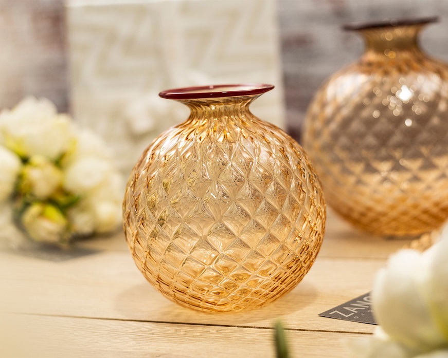 Vase Monofiore Balloton Murano glass peach with red ring Venini