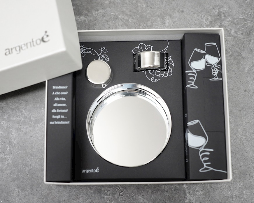 Pattern bottle coaster trilaminated Silver with stopper and drip-catcher Selezione Zanolli