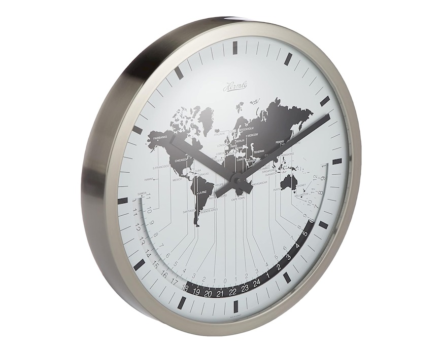 Orologio da parete acciaio quadrante bianco e planisfero nero Hermle