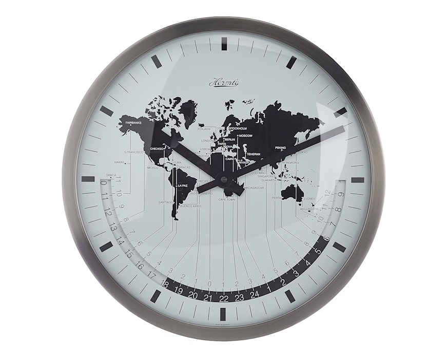 Orologio da parete acciaio quadrante bianco e planisfero nero Hermle