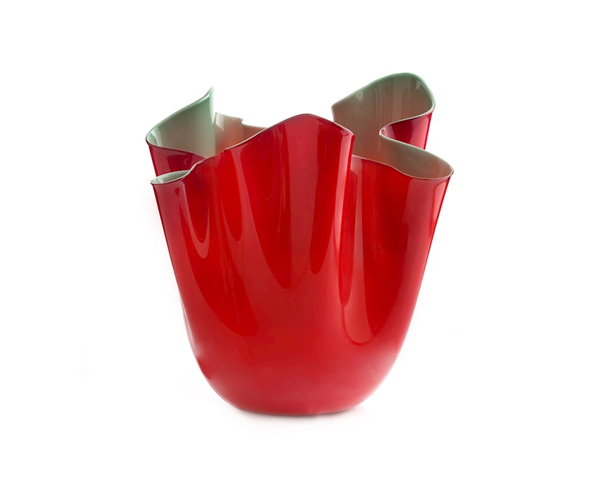 Vaso Fazzoletto vetro di Murano bicolore rosso interno verde mela Venini