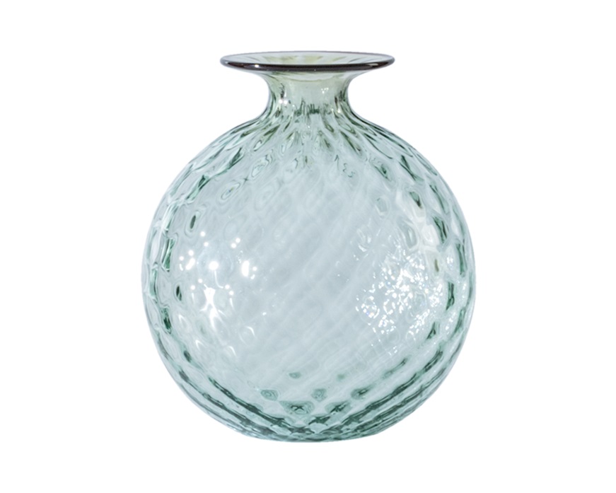 Vaso Monofiore Balloton vetro di Murano verde rio con filo rosso sangue di bue Venini