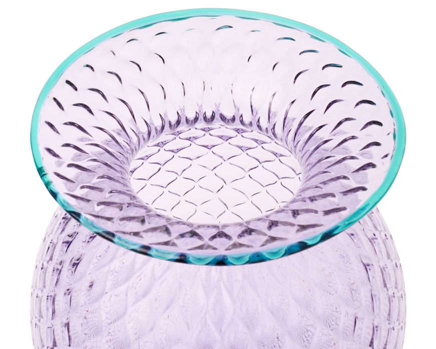 Vaso Fiori Balloton vetro di Murano lilla con filo verde menta Venini