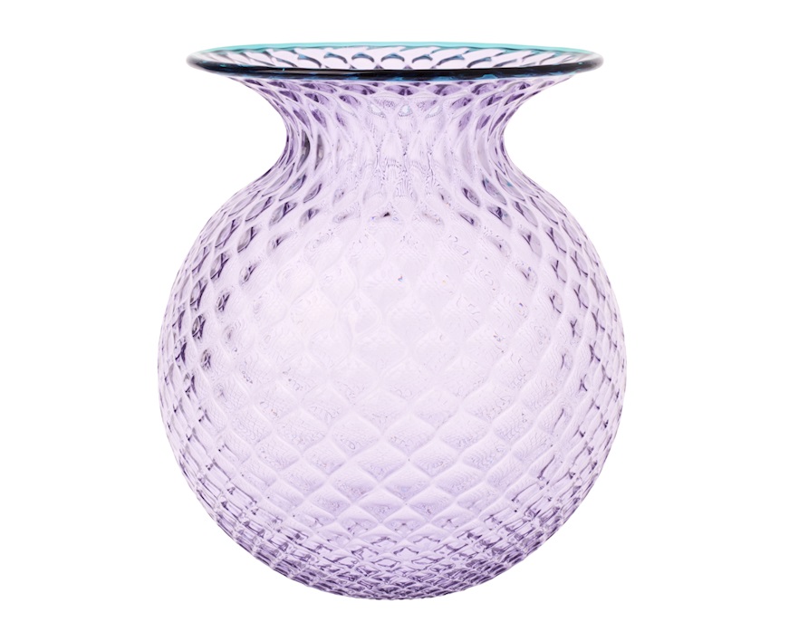 Vaso Fiori Balloton vetro di Murano lilla con filo verde menta Venini