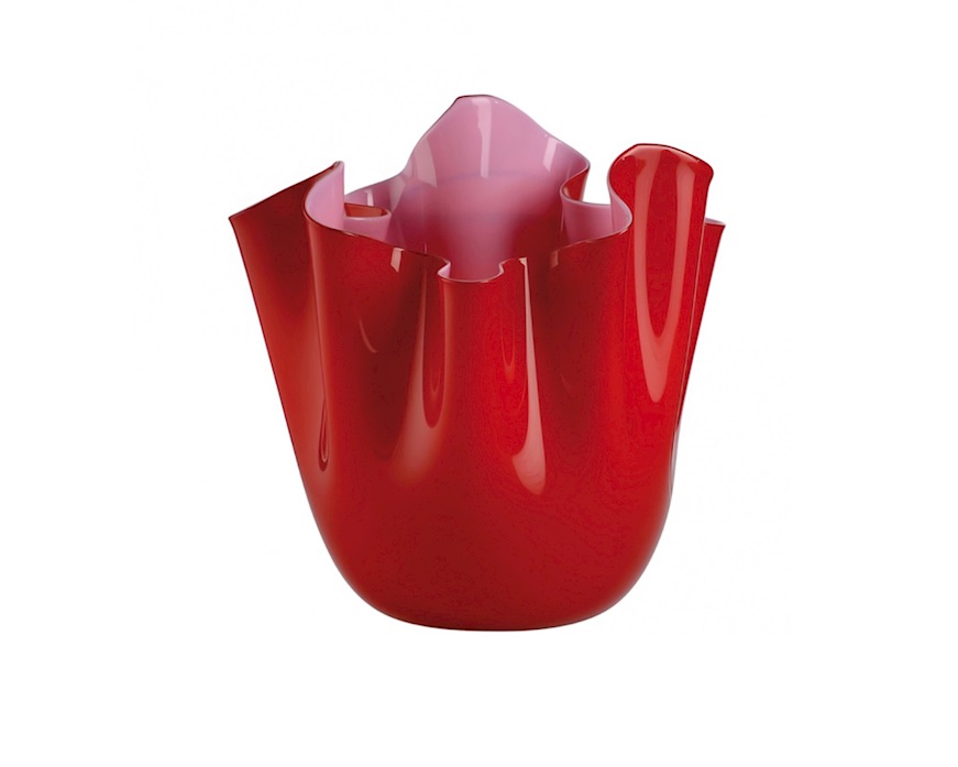 Vaso Fazzoletto vetro di Murano bicolore rosso interno rosa opaco Venini