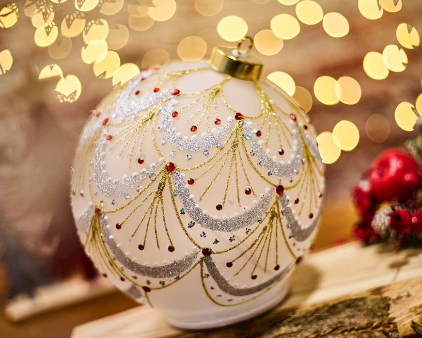 Idea regalo Natale Sfera girevole bianca oro e rossa con luce LED Selezione Zanolli