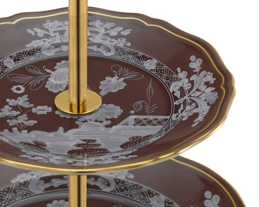 Alzata a 3 livelli Oriente Italiano Castagna porcellana Richard Ginori