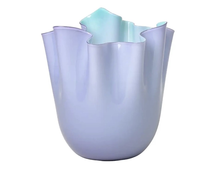 Vaso Fazzoletto vetro di Murano bicolore lilla interno verde menta Venini