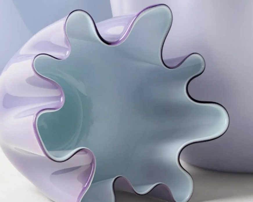 Vaso Fazzoletto vetro di Murano bicolore lilla interno verde menta Venini