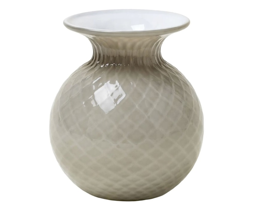 Vaso Fiori Balloton vetro di Murano talpa lattimo con filo lattimo Venini