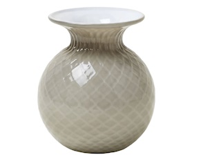 Vaso Fiori Balloton vetro di Murano talpa lattimo con filo lattimo Venini