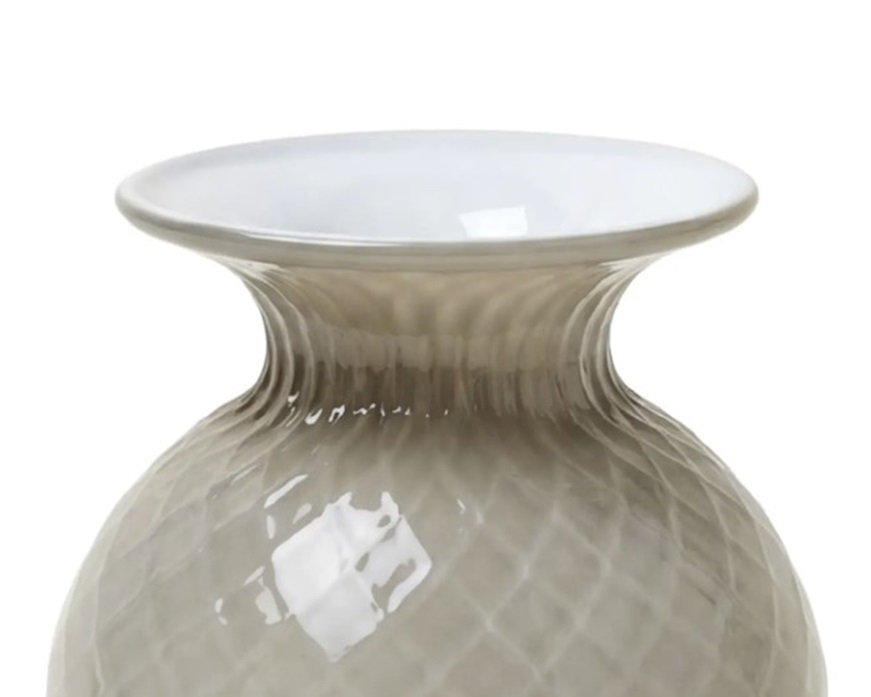 Vaso Fiori Balloton vetro di Murano talpa lattimo con filo lattimo Venini