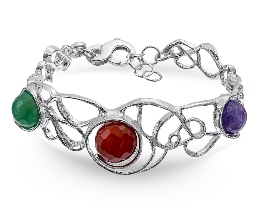 Bracciale rigido Vibra argento con ametista, corniola e agata verde Selezione Zanolli