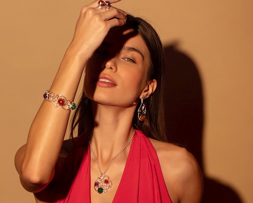 Bracciale rigido Vibra argento con ametista, corniola e agata verde Selezione Zanolli