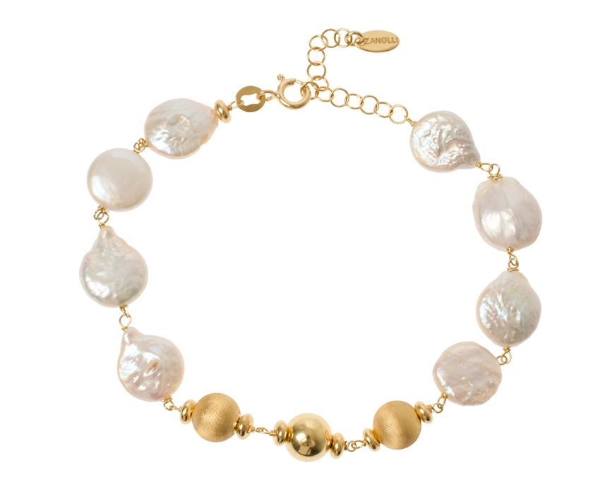 Bracciale argento dorato con palle lucide e satinate e perla piatta Selezione Zanolli