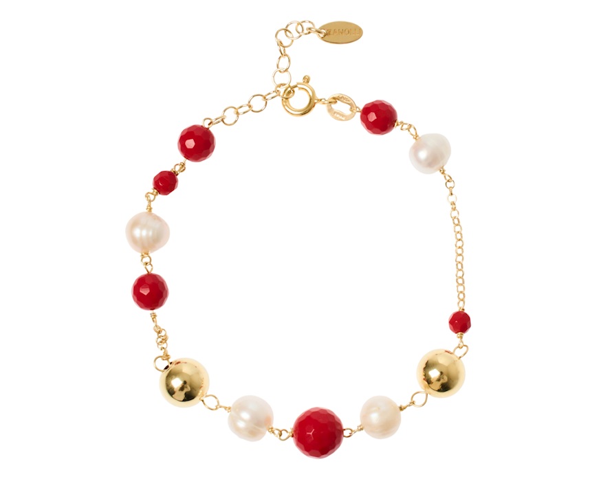 Bracciale argento dorato con corallo, perle e palle lucide Selezione Zanolli