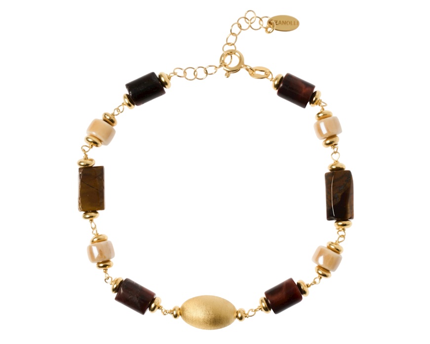 Bracciale argento dorato con chicco satinato, occhio di tigre e ceramica Selezione Zanolli