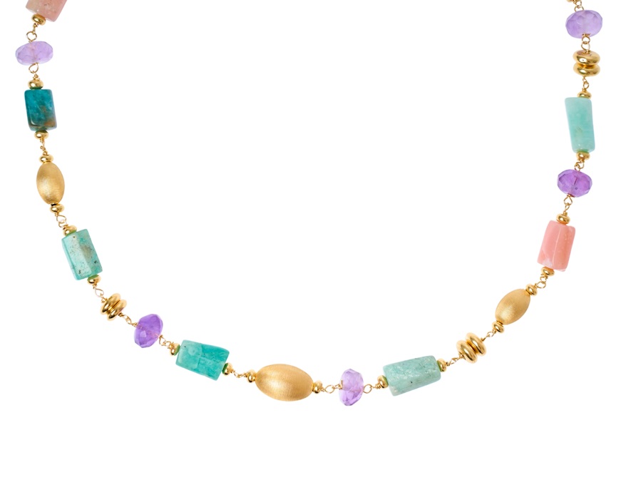Collana argento dorato con amazzonite, apatite, moonstone e cristallo viola Selezione Zanolli
