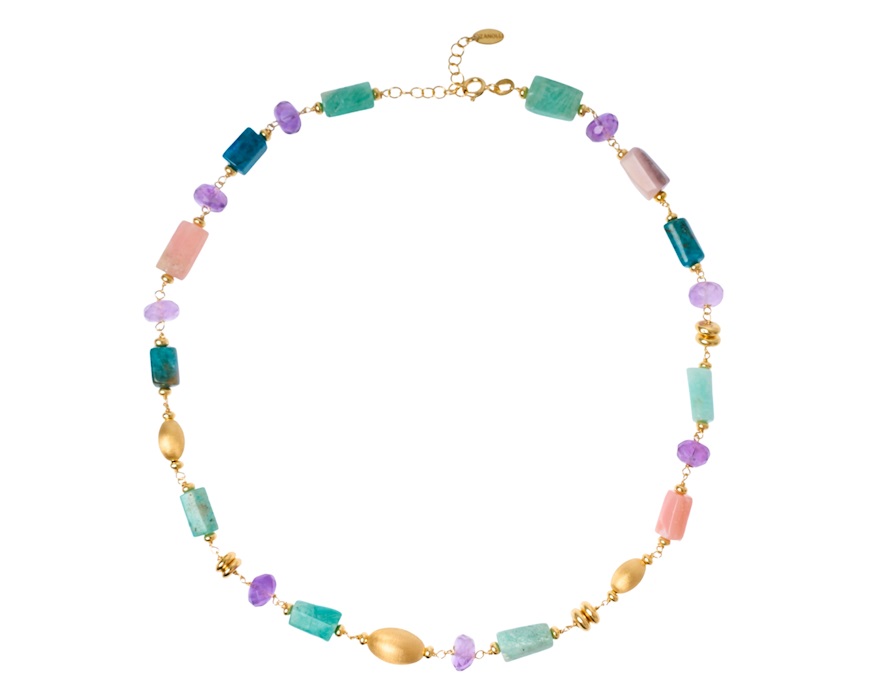 Collana argento dorato con amazzonite, apatite, moonstone e cristallo viola Selezione Zanolli
