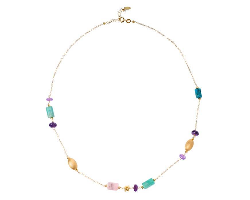 Collana argento dorato con amazzonite, apatite, moonstone e cristallo viola Selezione Zanolli