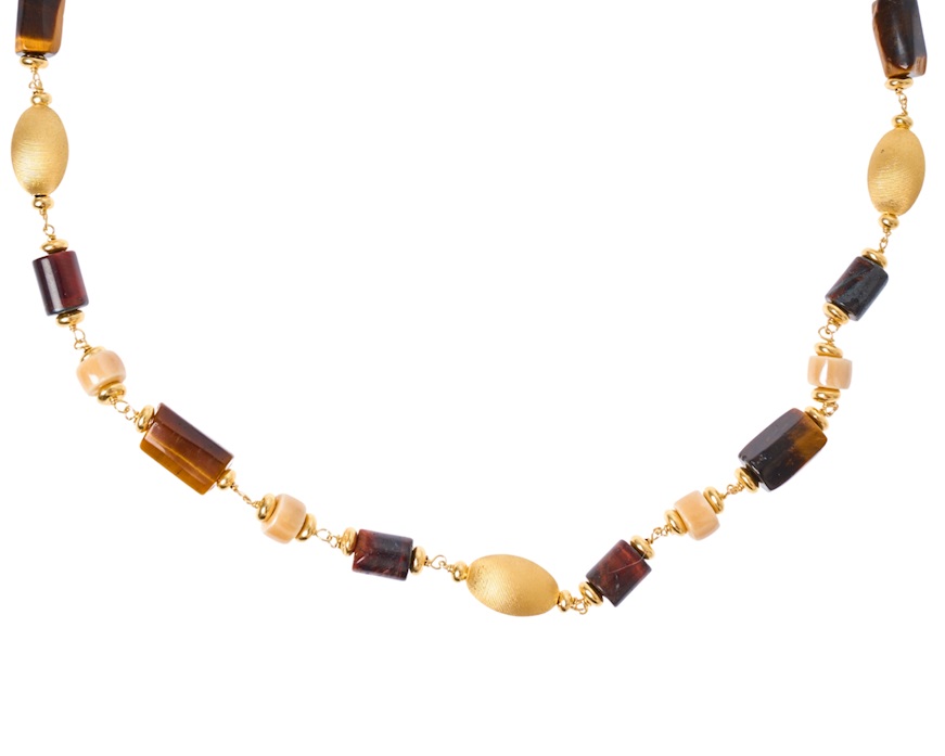 Collana argento dorato con chicco satinato, occhio di tigre e ceramica Selezione Zanolli