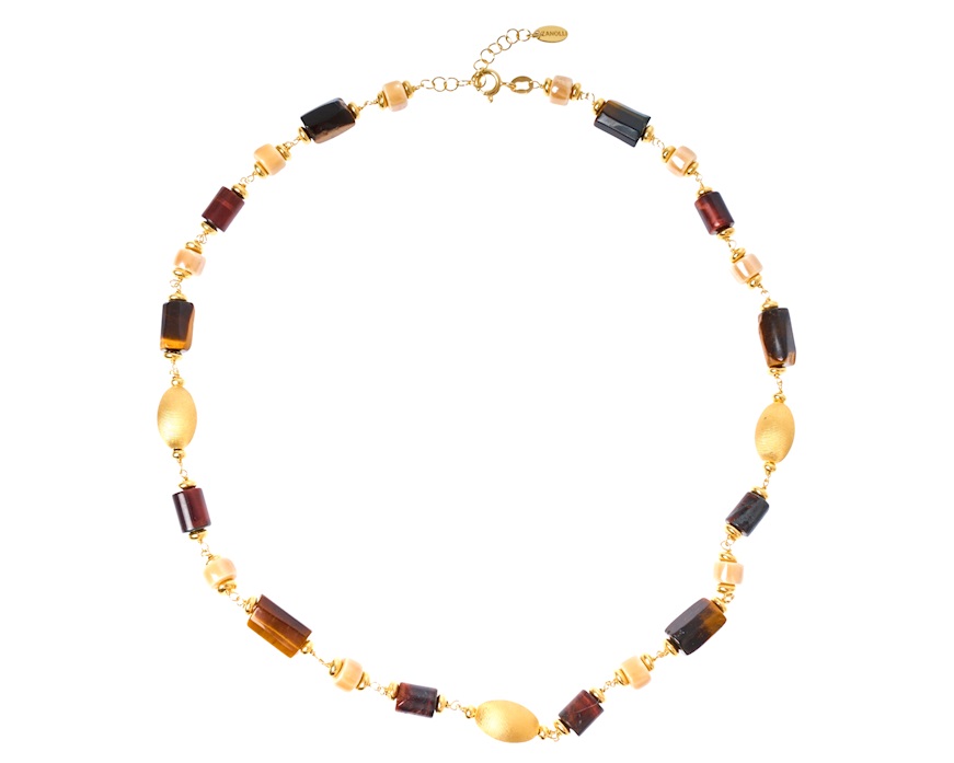 Collana argento dorato con chicco satinato, occhio di tigre e ceramica Selezione Zanolli