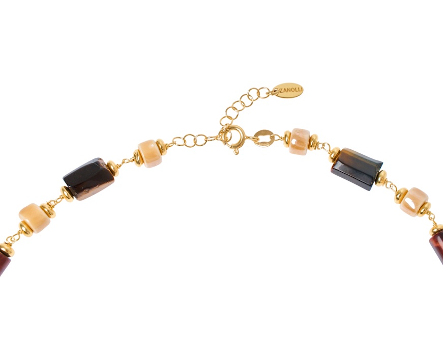 Collana argento dorato con chicco satinato, occhio di tigre e ceramica Selezione Zanolli