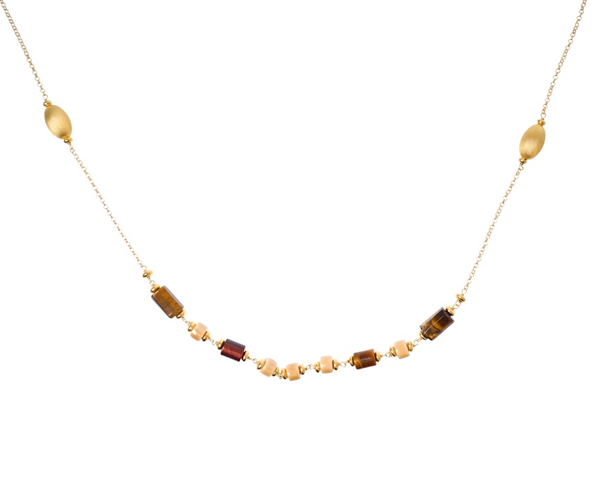 Collana argento dorato con chicco satinato, occhio di tigre e ceramica Selezione Zanolli