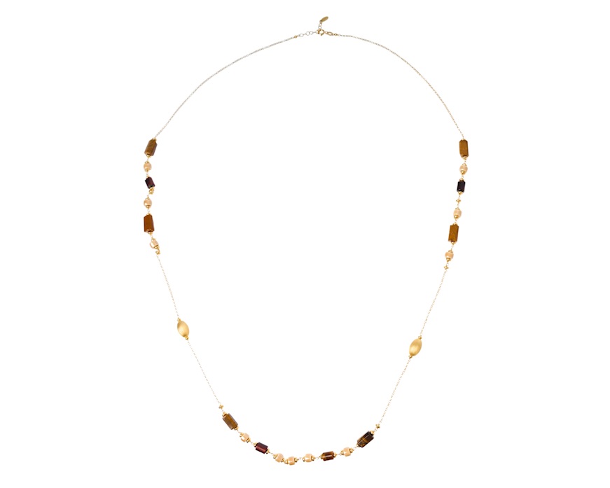 Collana argento dorato con chicco satinato, occhio di tigre e ceramica Selezione Zanolli