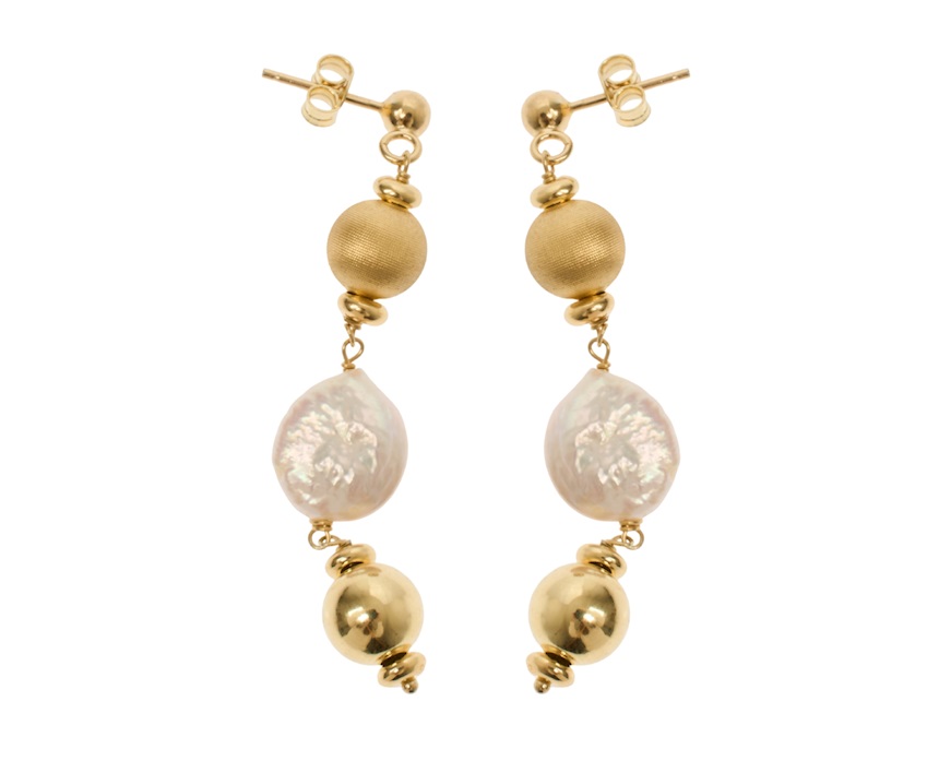 Orecchini argento dorato con palle lucide e satinate e perla piatta Selezione Zanolli