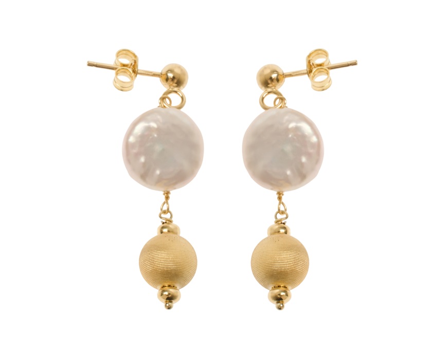 Orecchini argento dorato con palle satinate e perla piatta Selezione Zanolli