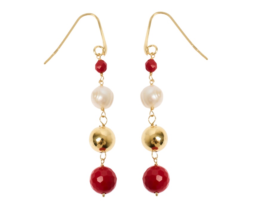 Orecchini argento dorato con corallo, perle e palle lucide Selezione Zanolli