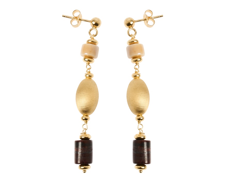 Orecchini argento dorato con chicco satinato, occhio di tigre e ceramica Selezione Zanolli