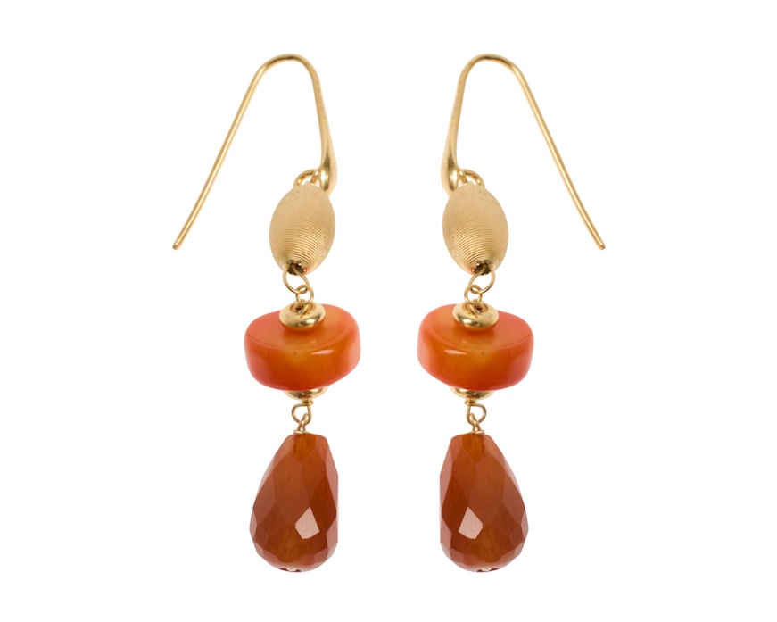 Orecchini argento dorato con bamboo, corniola e occhio di gatto Selezione Zanolli