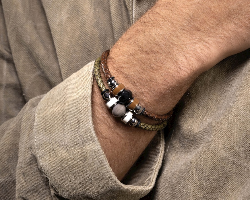 Bracciale Flare vetro di Murano smalto marrone e pelle marrone Murrina Murano Venezia