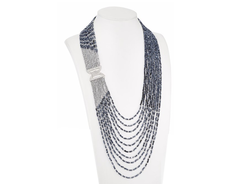 Collana ottone con cristalli blu elettrico ematite e perline zirconi Sovrani