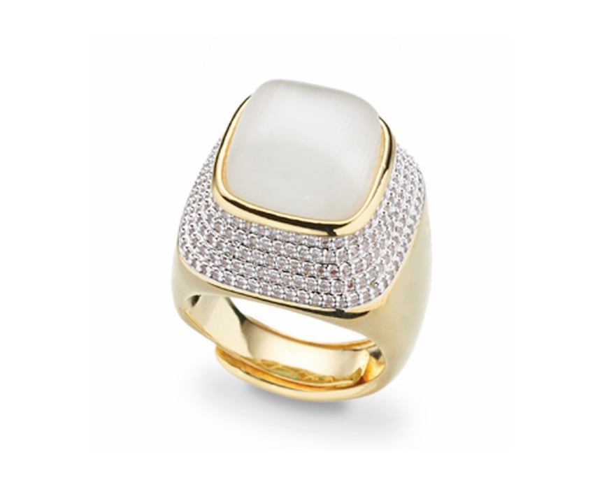 Anello aperto ottone finitura oro con cubic zirconia e occhio di gatto Sovrani