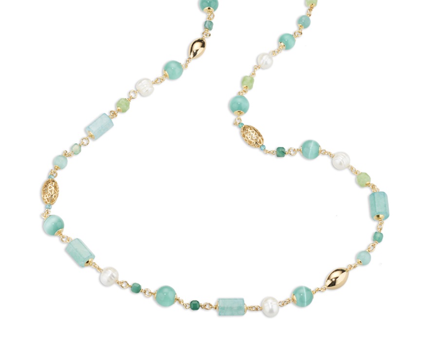 Collana Lysandre ottone finitura dorata con perla, occhio di gatto, quarzo e giada Sovrani