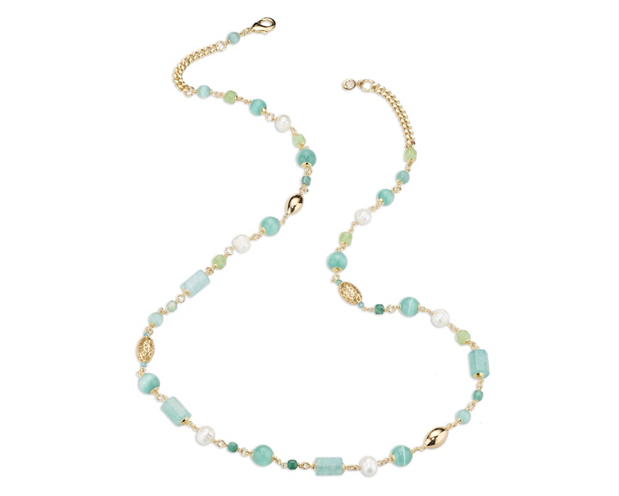 Collana Lysandre ottone finitura dorata con perla, occhio di gatto, quarzo e giada Sovrani